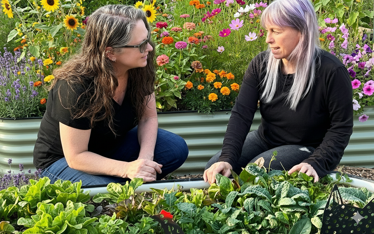 Two women are talking in a garden with a bed of leafy greens and a cutting garden bed in the background