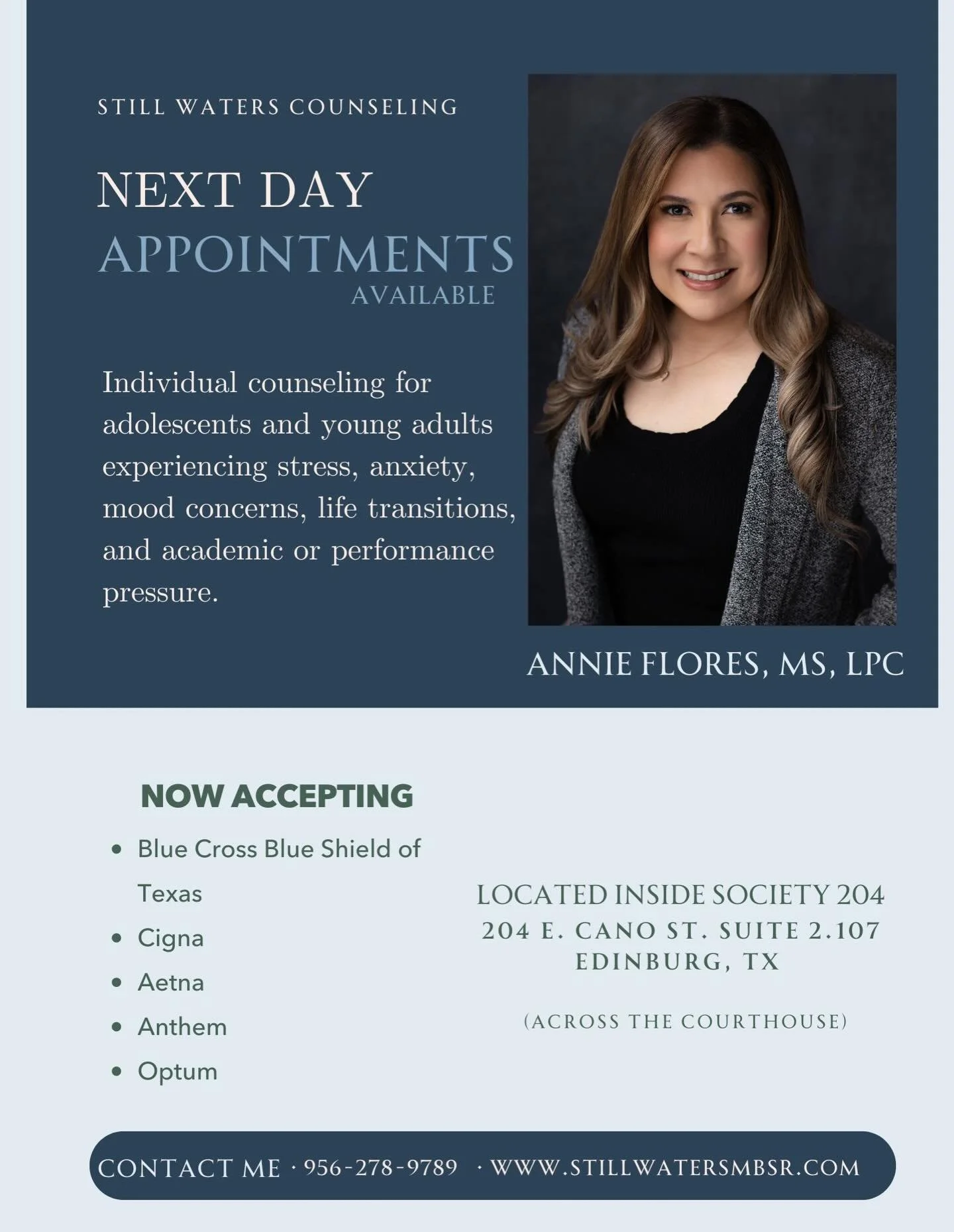 Next day appointments available. You can book your appointment on my website or can contact me at 956-278-9789.