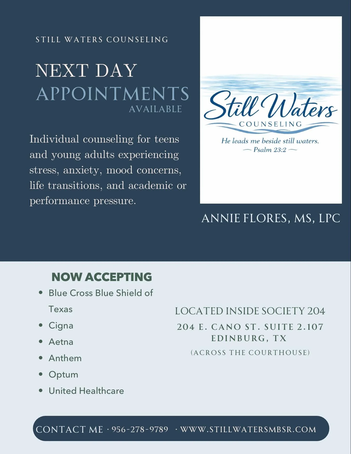 If you&rsquo;ve been thinking about starting counseling&hellip; this is your sign.

Still Waters Counseling now has next day appointments available for teens and young adults experiencing:

&bull; Stress
&bull; Anxiety
&bull; Mood concerns
&bull; Aca