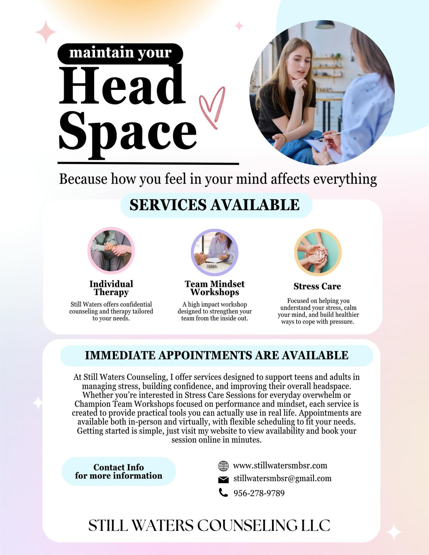 Now offering immediate appointments at Still Waters Counseling.

✔️ Individual Therapy
✔️ Team Mindset Workshops
✔️ Stress Care Sessions

Supporting teens and adults in building confidence, managing stress, and strengthening their mindset.

Flexible 