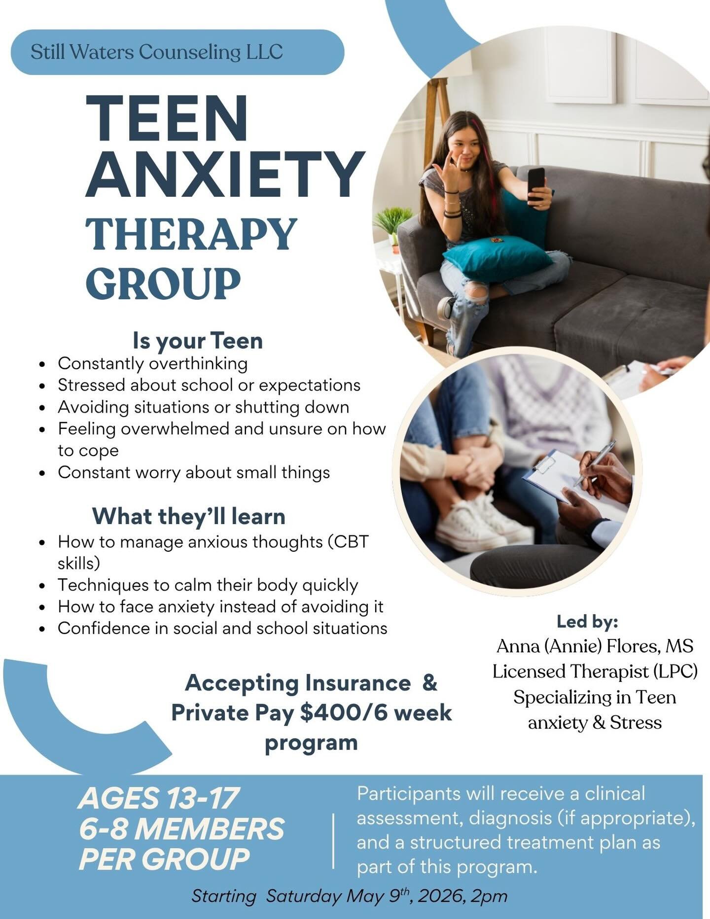 If your teen is:
&bull; Constantly overthinking
&bull; Struggling with school pressure
&bull; Avoiding situations or shutting down
&bull; Feeling anxious and unsure how to cope

This 6-week Teen Anxiety Therapy Group is designed to help them learn ho