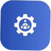 Icon of a white gear with a star inside on a blue background.