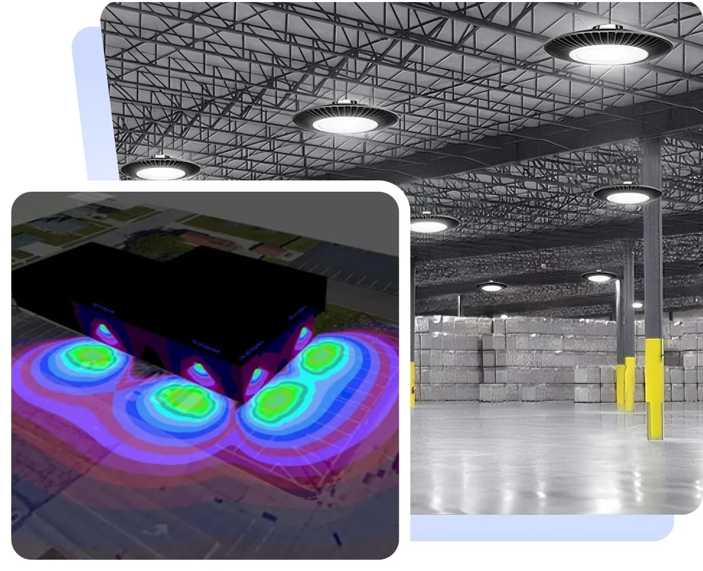 Indoor warehouse with ceiling lights, concrete block wall, yellow safety poles, and a black server room model with heatmap overlays showing thermal activity.