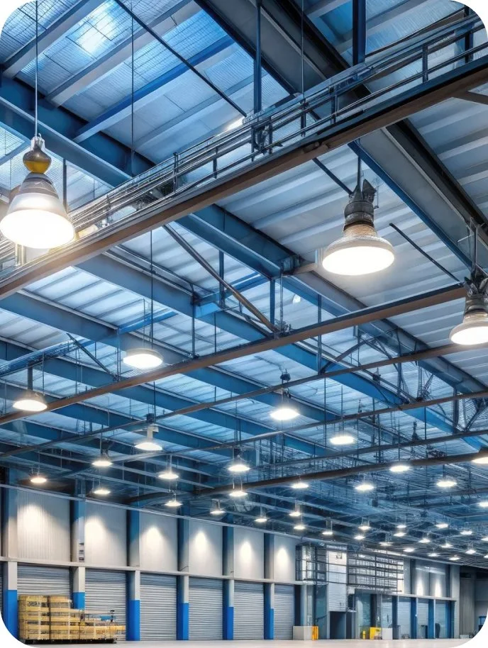 Interior of a large warehouse with high ceilings, metal beams, and multiple overhead lights.