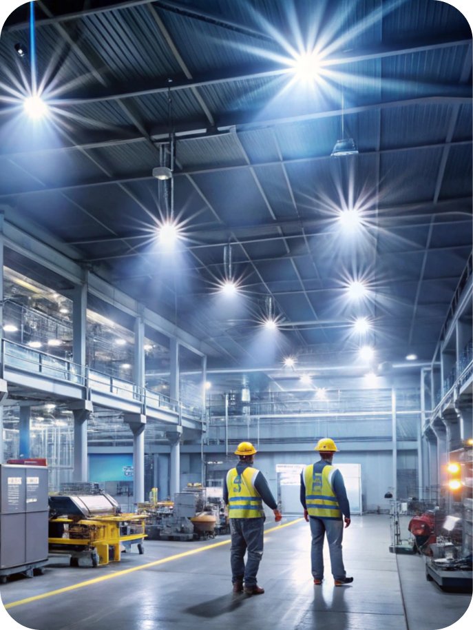 Two workers in yellow safety vests and helmets standing inside a large, industrial manufacturing facility with metal structures, machinery, and bright overhead lighting.
