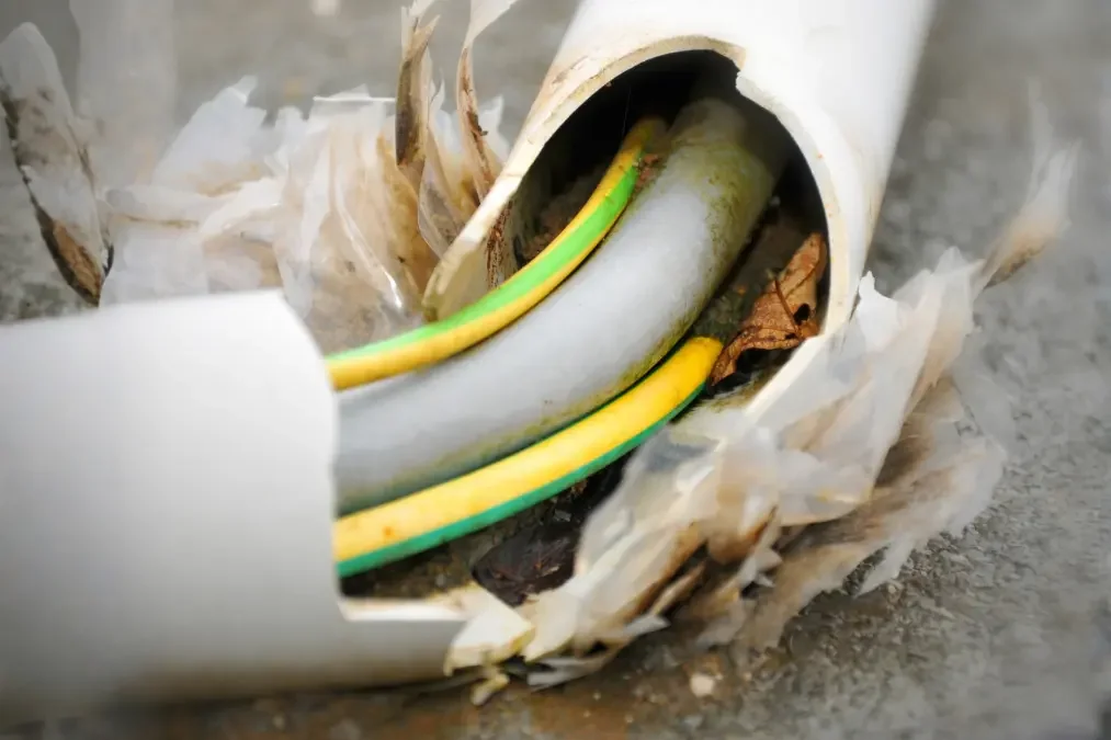 Interior view of a damaged electrical conduit with exposed wires, surrounded by torn and burnt paper.