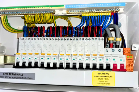 Electrical breaker box with multiple circuit breakers, colorful wires, and a warning label about loose connections.