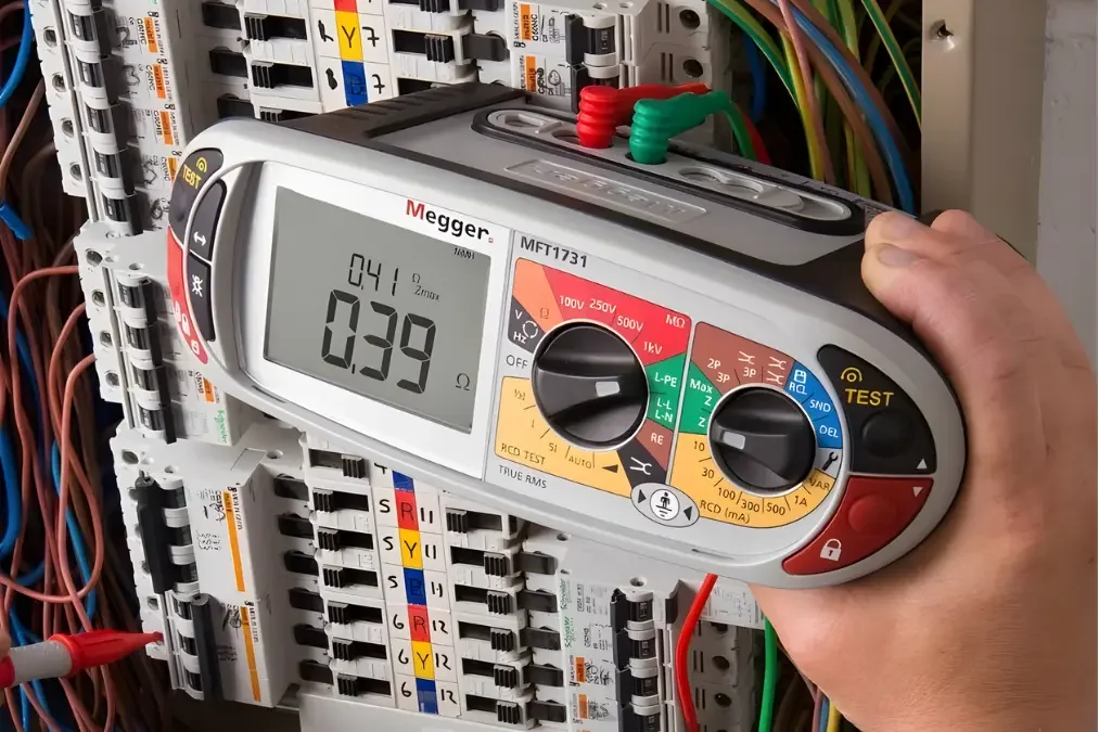 Person testing an electrical circuit breaker panel with a digital multimeter showing 0.39 ohms.
