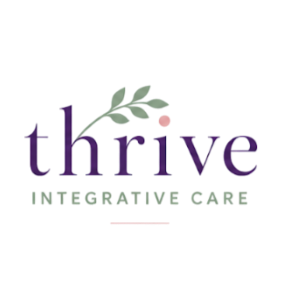 Logo for Thrive Integrative Care with purple and green text, a leafy branch, and a pink dot.