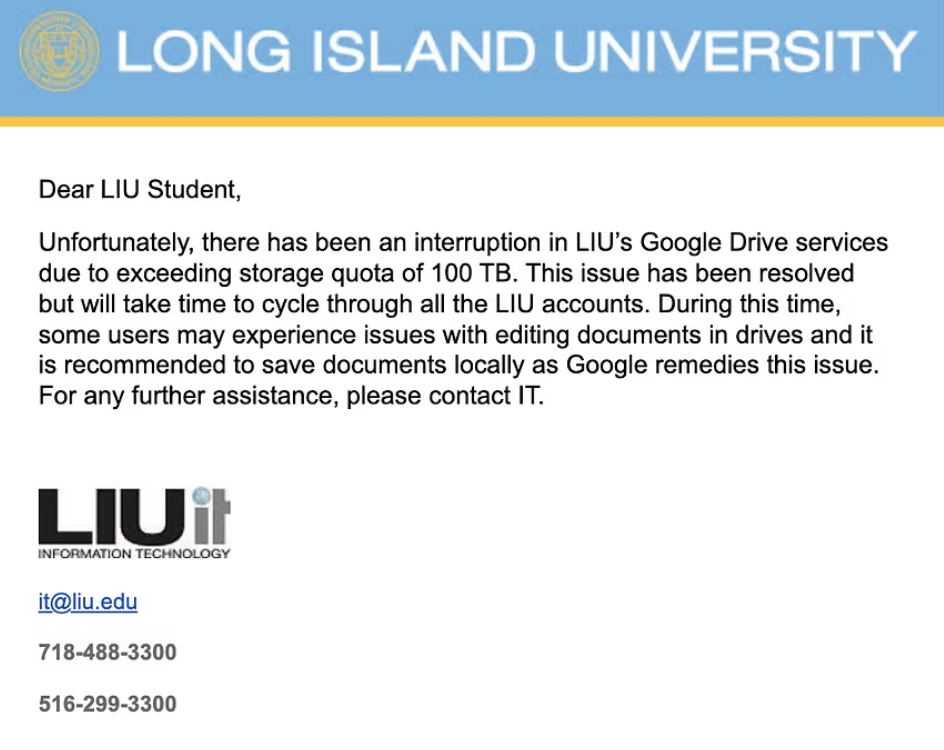 LIU Google Storage Runs Out, Causing Trouble for Students
