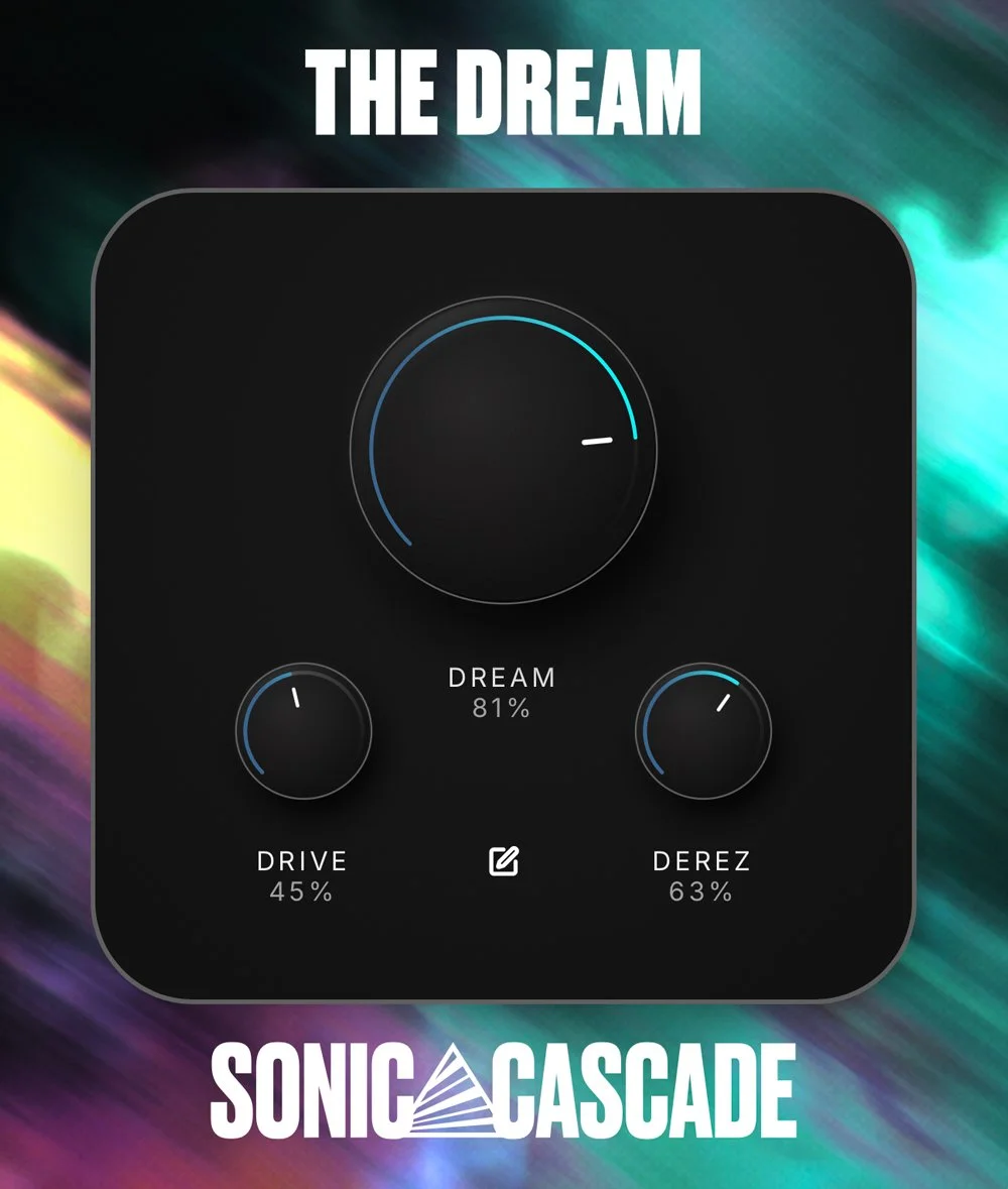 Music mix control panel with three knobs labeled Dream, Drive, and Derez, displaying various percentages, on a colorful abstract background. The text above reads "The Dream" and below "Sonic Cascade."