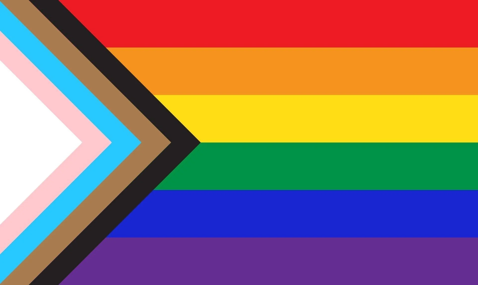 A pride flag with horizontal rainbow stripes and a chevron with the colors pink, light blue, brown, black, and white.