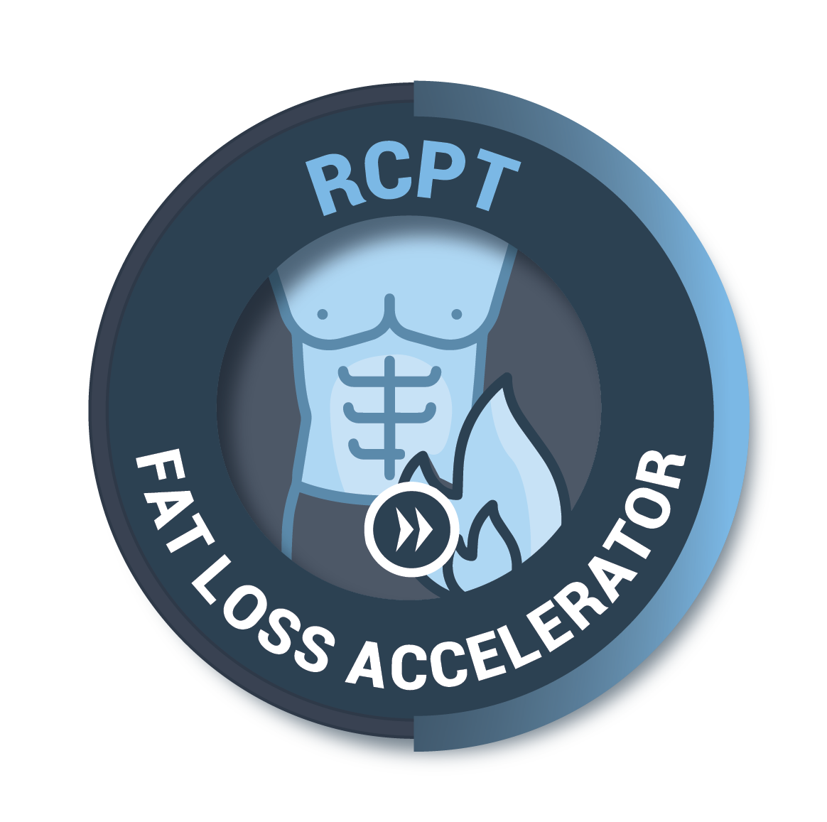 A circular badge with a muscular torso, a fox tail, and the text 'RCPT Fat Loss Accelerator' around the edge.