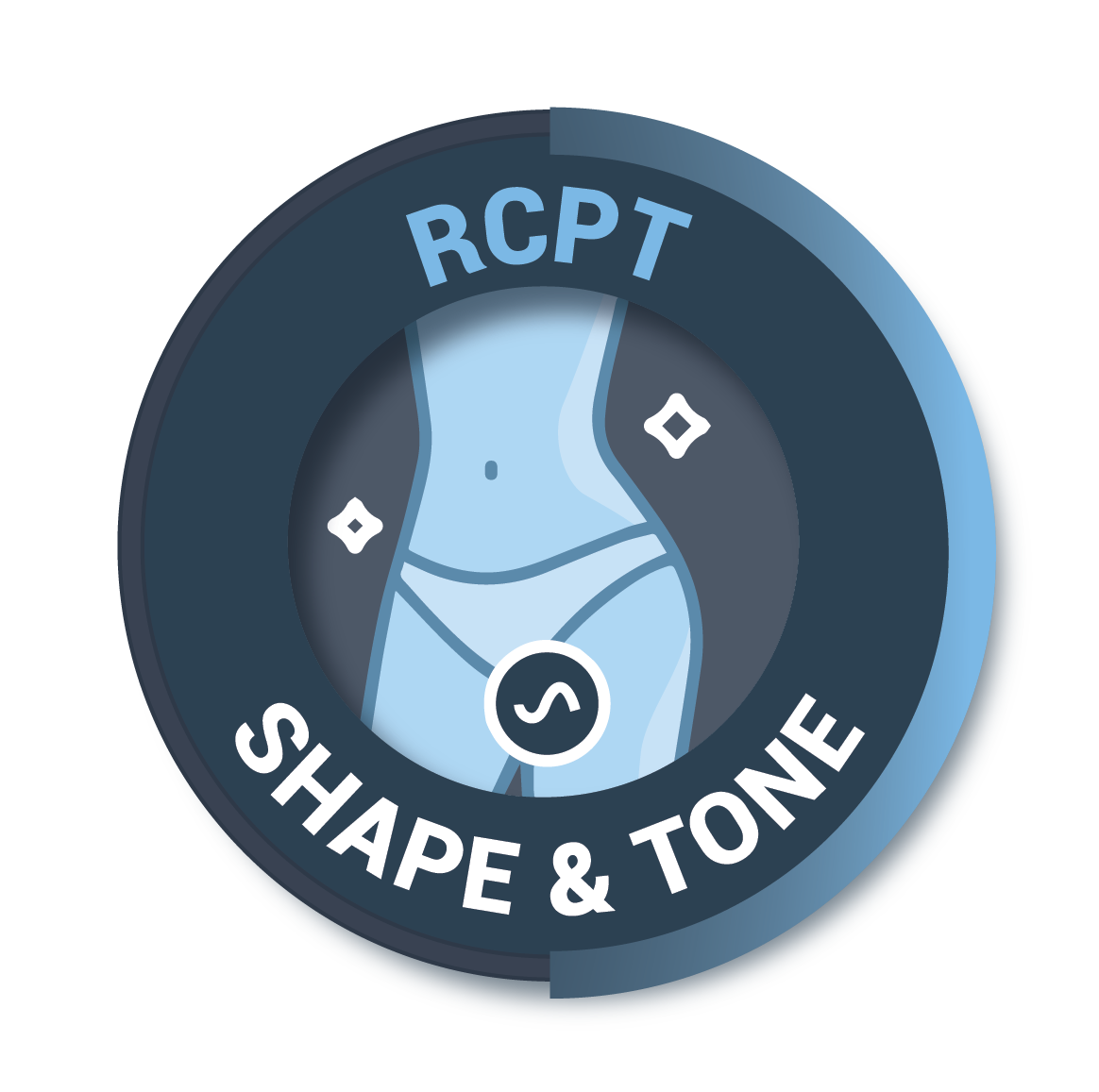 A circular graphic design resembling a watch or dial with a body shape in the center, accompanied by the text 'RCPT' at the top and 'SHAPE & TONE' at the bottom, in shades of blue and gray.