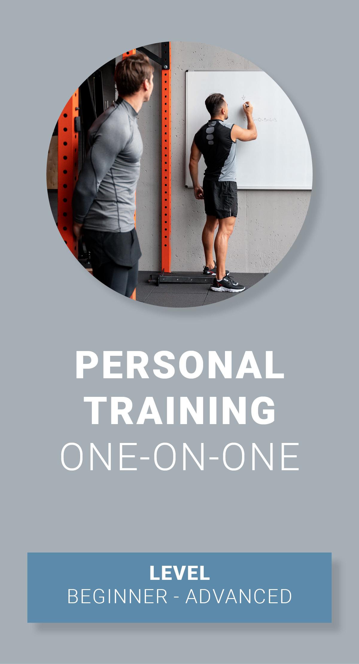 A personal trainer giving one-on-one training to a client in a gym, with the trainer watching as the client writes on a whiteboard.