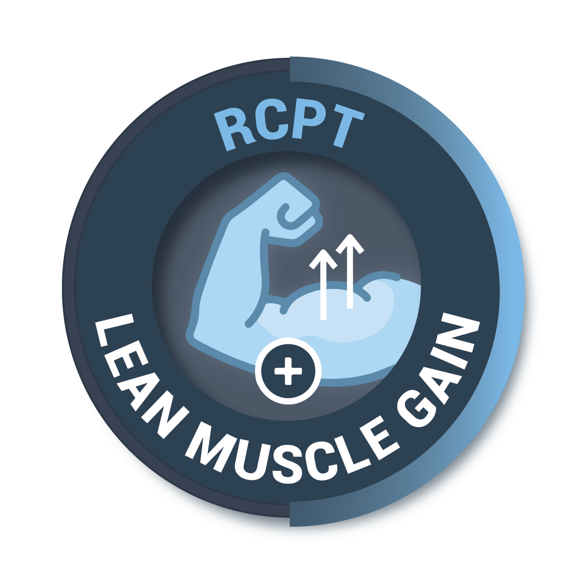 An icon with a flexed arm muscle inside a circle, with arrows pointing upward from a bulge in the arm, and the text 'RCPT' at the top and 'Learn Muscle Gain' at the bottom.