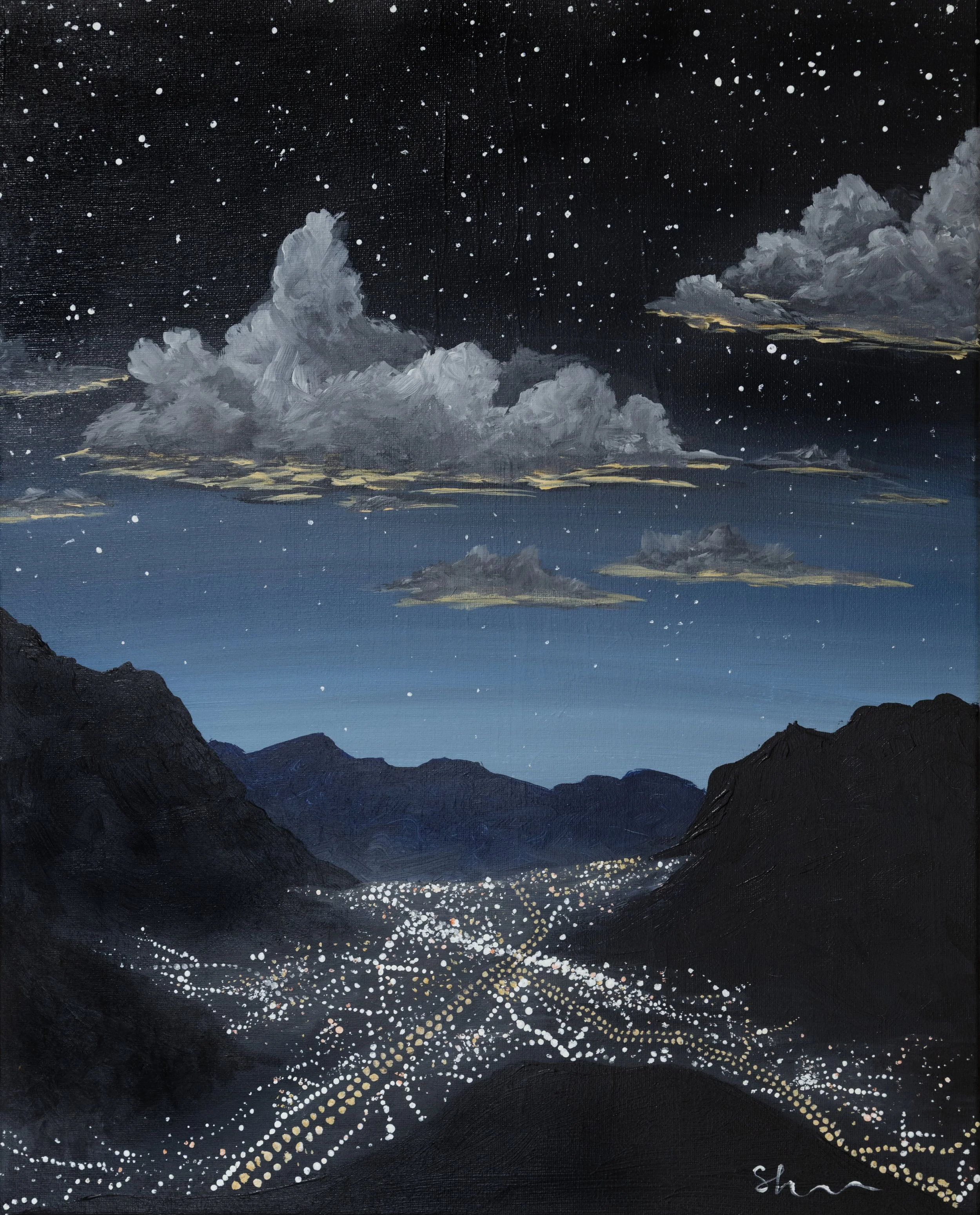 A glowing desert nightlife. A scene that combines the Bay Area nightlife (Specifically the view from Shelsea's high-school parking lot at night)  and the Arizona landscape where she was living in 2025.