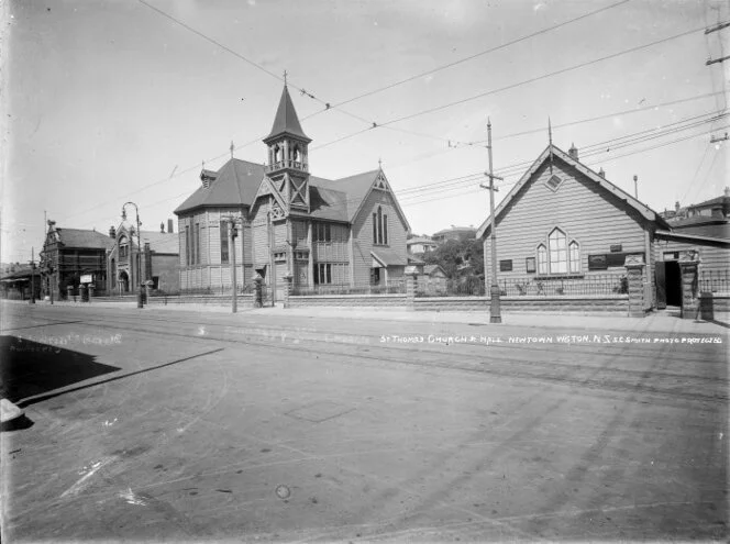 St Thomas' Church &amp; hall, Riddiford Street, Newtown. Smith, Sydney Charles, 1888-1972: Photographs of New Zealand. Ref: 1/1-020039-G. Alexander Turnbull Library, Wellington, New Zealand. /records/22343389