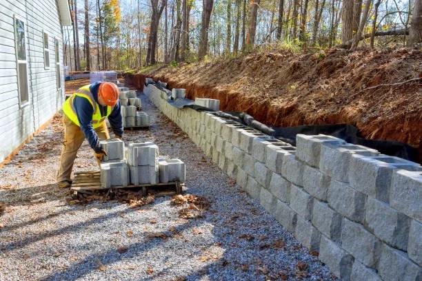 A construction worker in a hard hat and safety vest building a stone retaining wall next to a white house, with trees in the background.