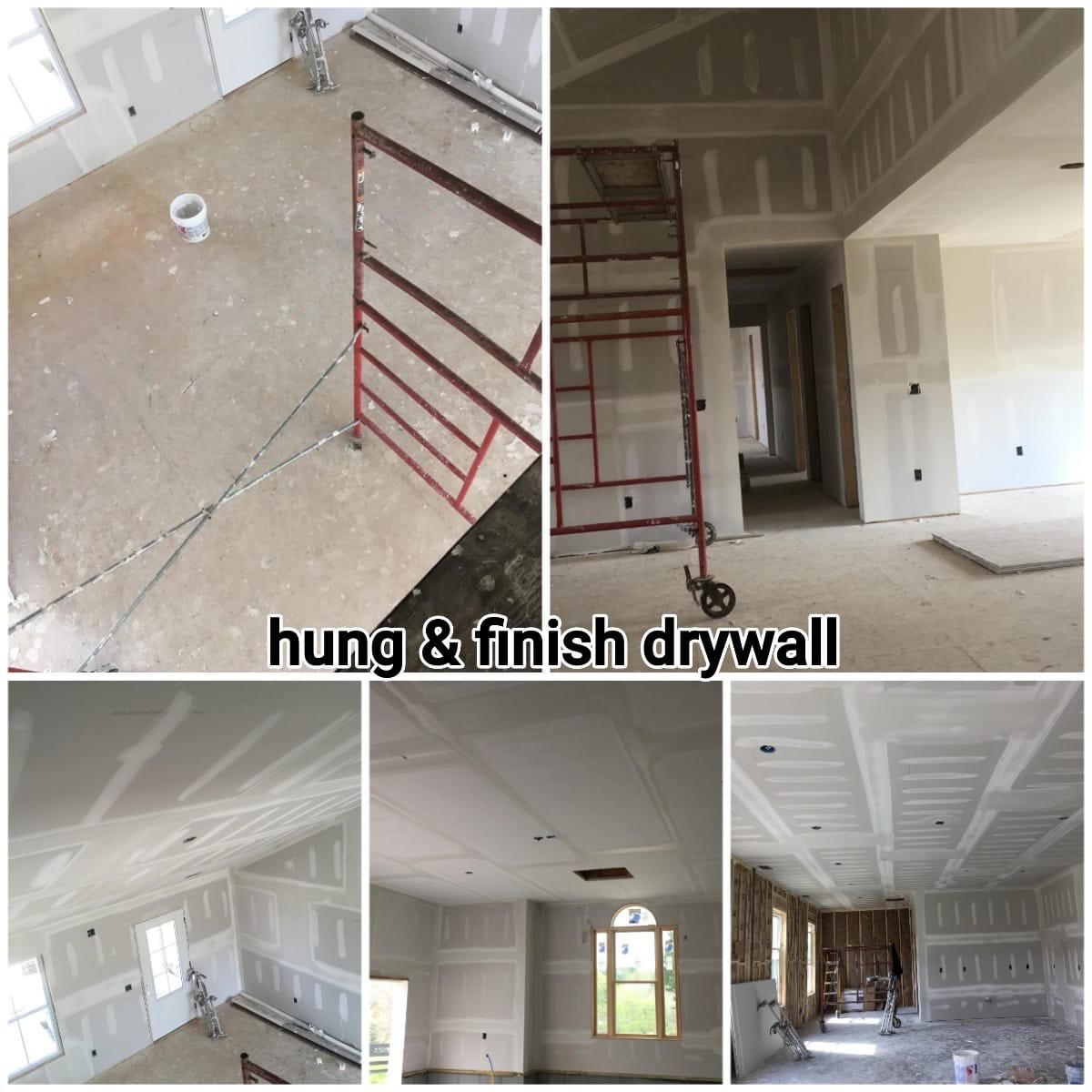 Collage of interior rooms showing drywall installation, with pictures of unfinished walls and ceilings, scaffolding, and construction tools.