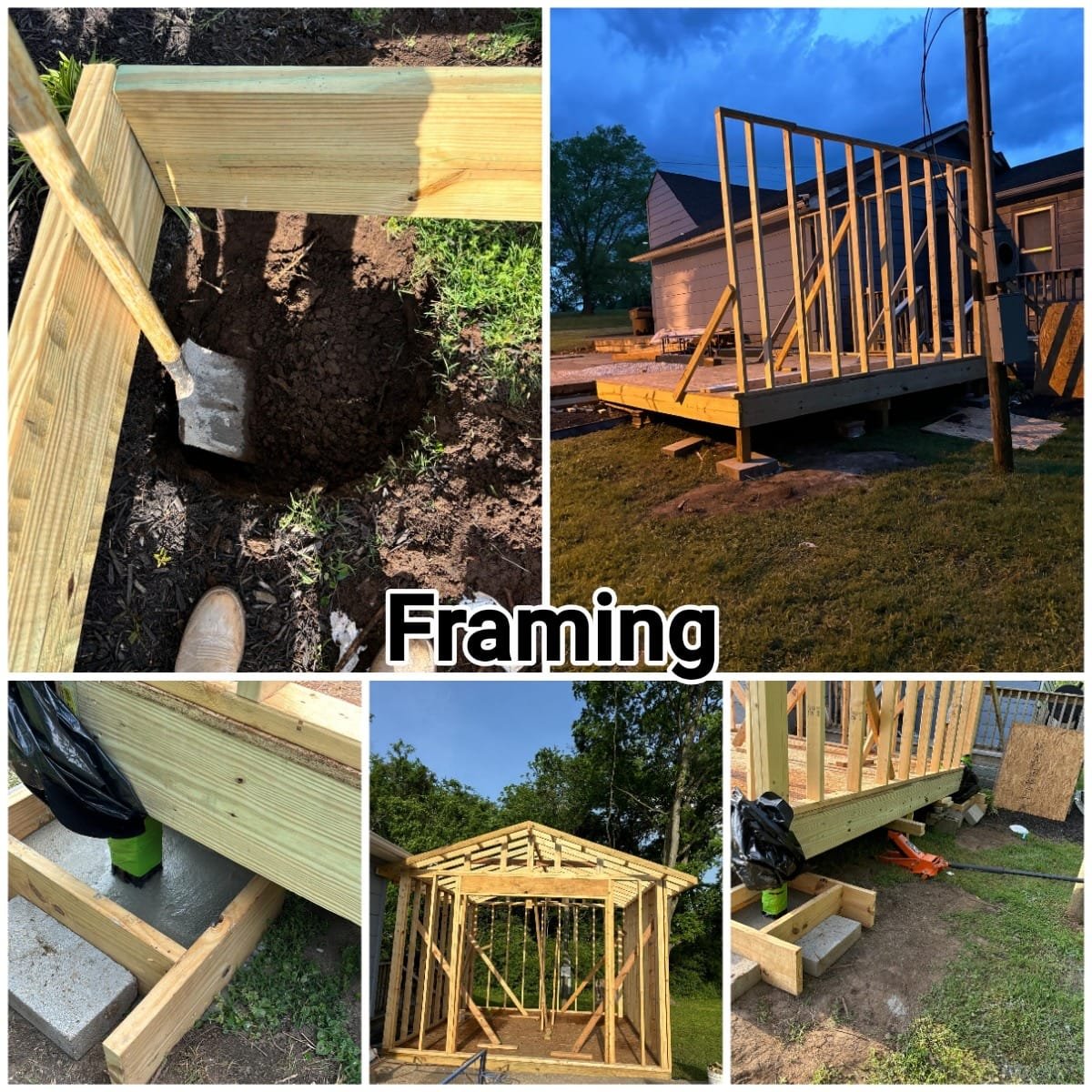 Sequence of photos showing the construction of a wooden deck and framing for a house. First photo shows digging a hole for a post, second shows partial framing of the deck, third shows concrete footing, fourth shows the framed structure of a small bu