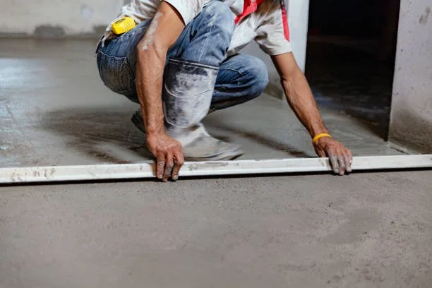 A worker kneeling and smoothing fresh concrete with a straightedge on a construction site.