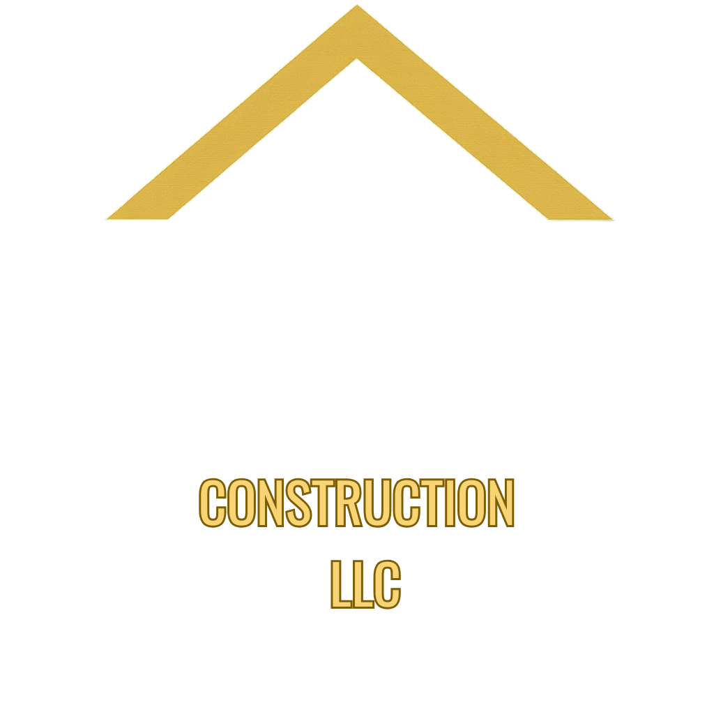 A logo with a house-shaped roof graphic above the words "CONSTRUCTION LLC" in gold text on a black background.