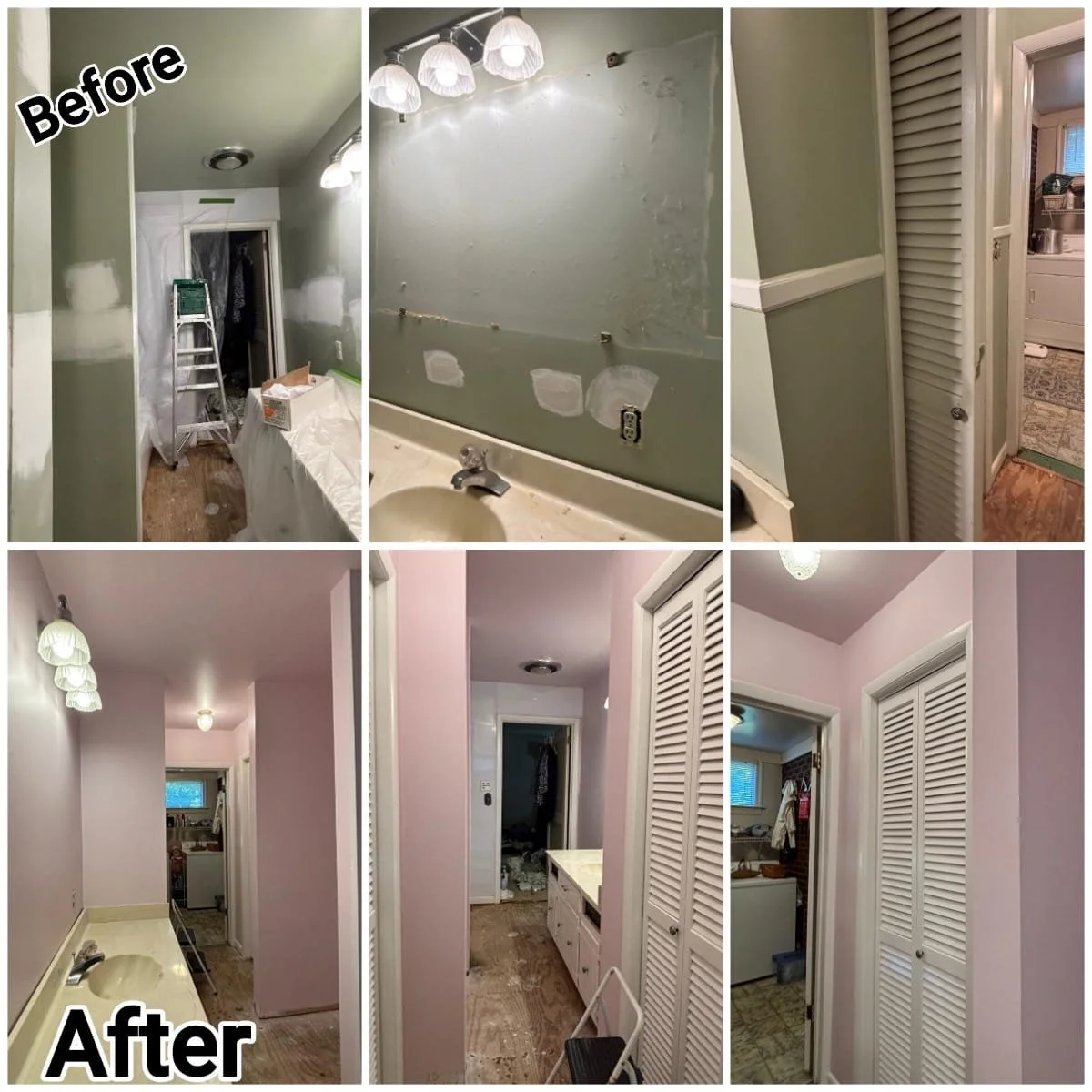 Before and after photos of a home renovation showing a transition from a room with green walls and patchy paint to a room with pink walls, white louvered closet doors, and finished paint.