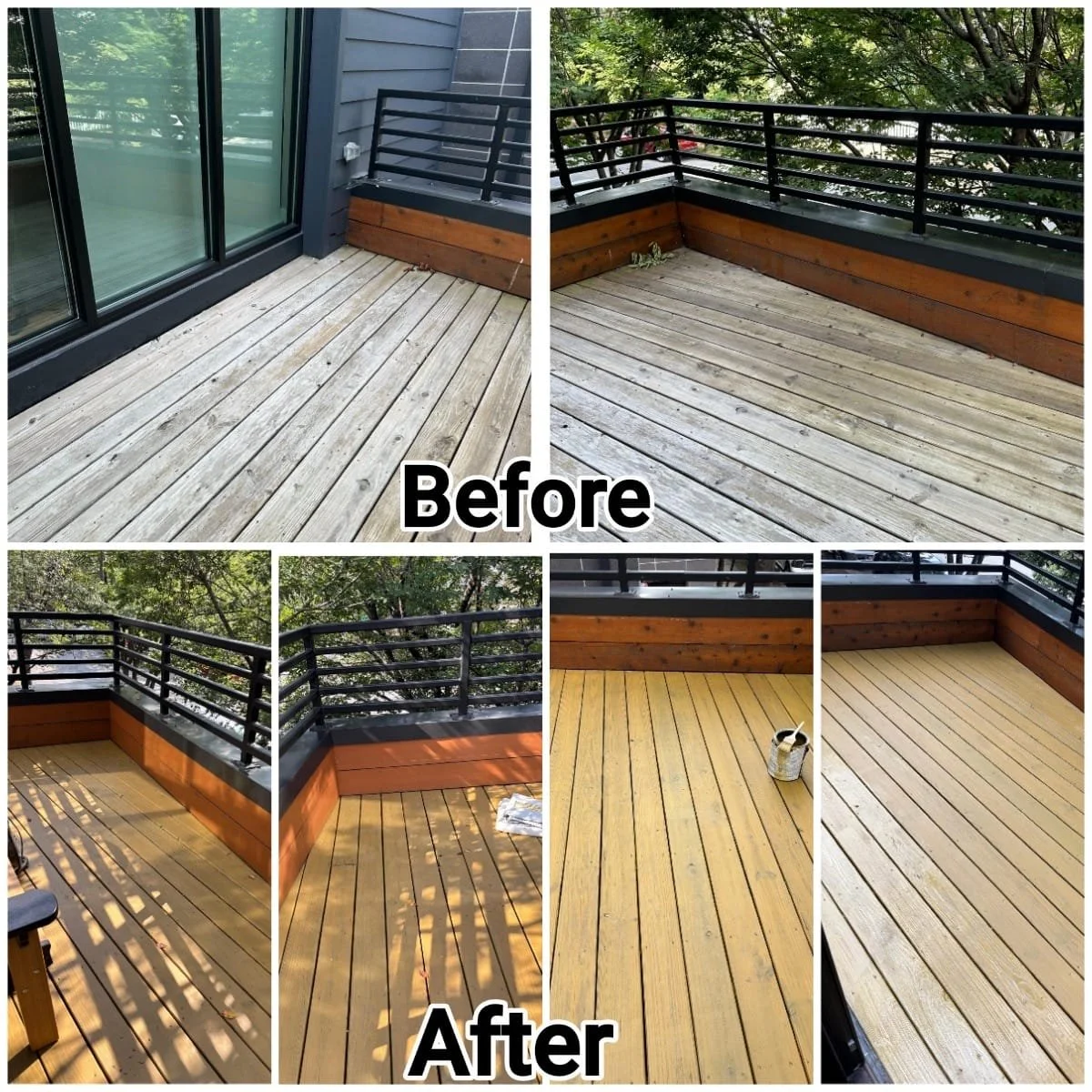 Comparison of a balcony before and after refinishing. The before images show a weathered gray wooden deck. The after images show the same deck with a fresh, stain-colored finish, enhancing the appearance of the wood and making it look newer.