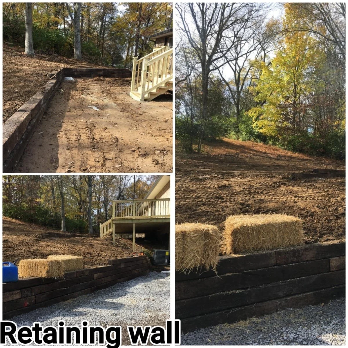 Sequence of photos showing construction of a retaining wall with wooden sleepers and hay bales in a backyard, with trees and a house in the background.