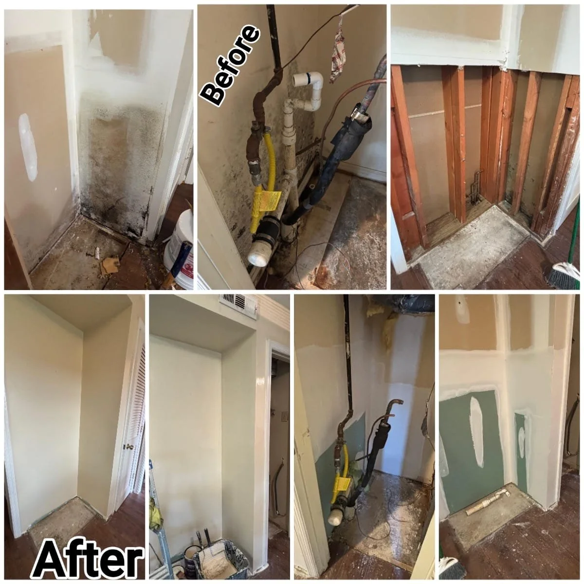 A collage showing before and after images of a home renovation project. The 'before' images display moldy, dirty walls, exposed plumbing, and unfinished wall framing. The 'after' images show cleaned walls, freshly painted surfaces, and completed dryw