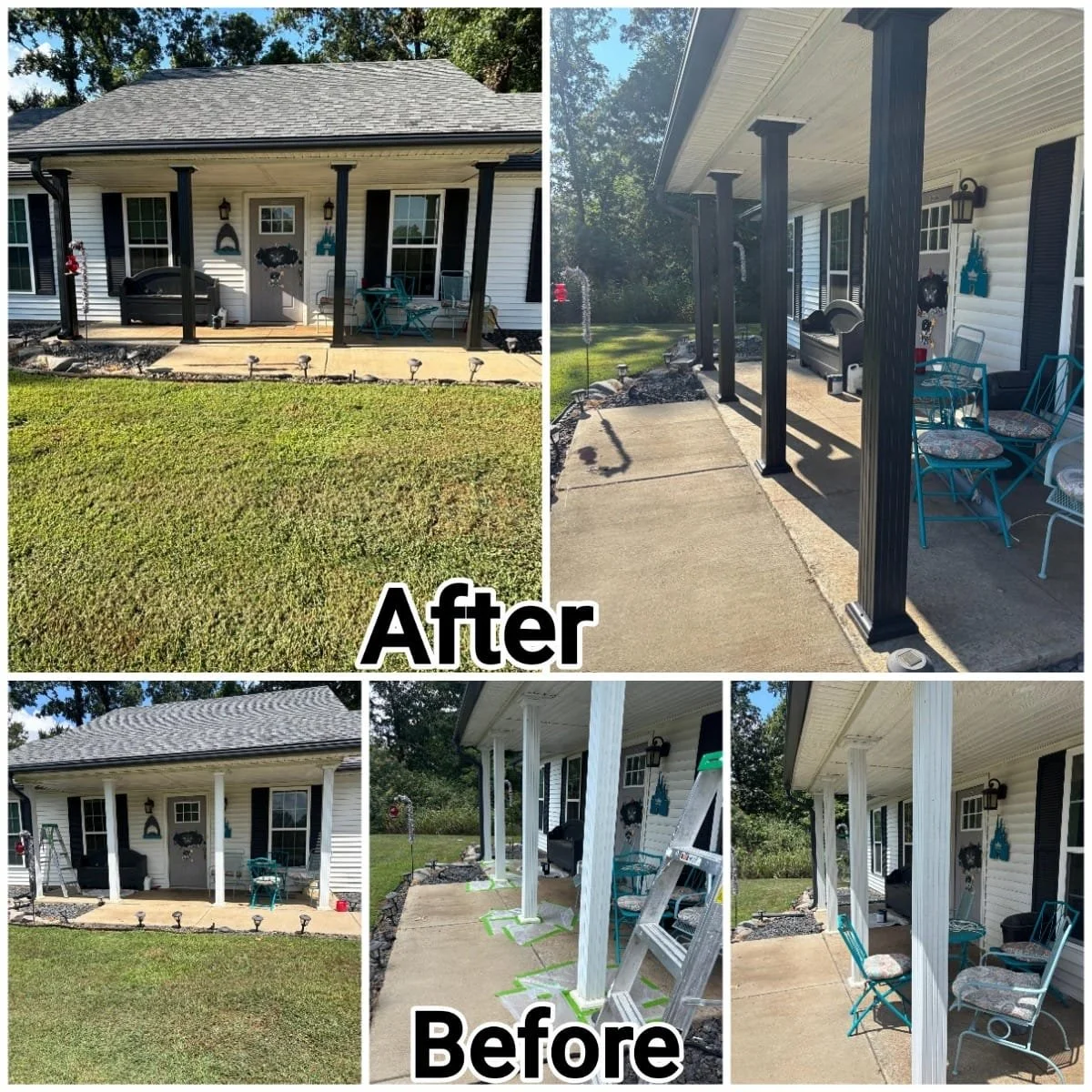 Side-by-side comparison of a house porch before and after painting porch columns. The 'Before' images show white columns with tape and paint supplies, while the 'After' images show black columns.