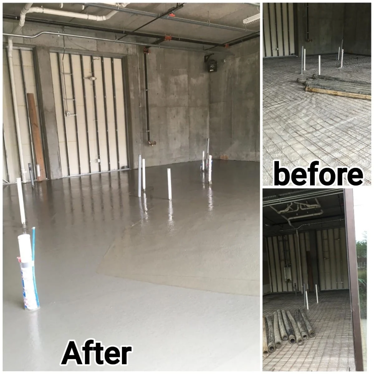 Comparison of a construction site before and after concrete floor pouring and preparation, with the "after" image showing a finished, smooth concrete floor and the "before" images showing unfinished floors with rebar and pipes.