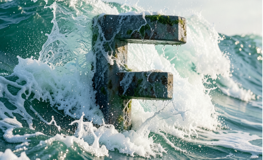 Muelle de concreto cubierto de algas rodeado por olas en el mar