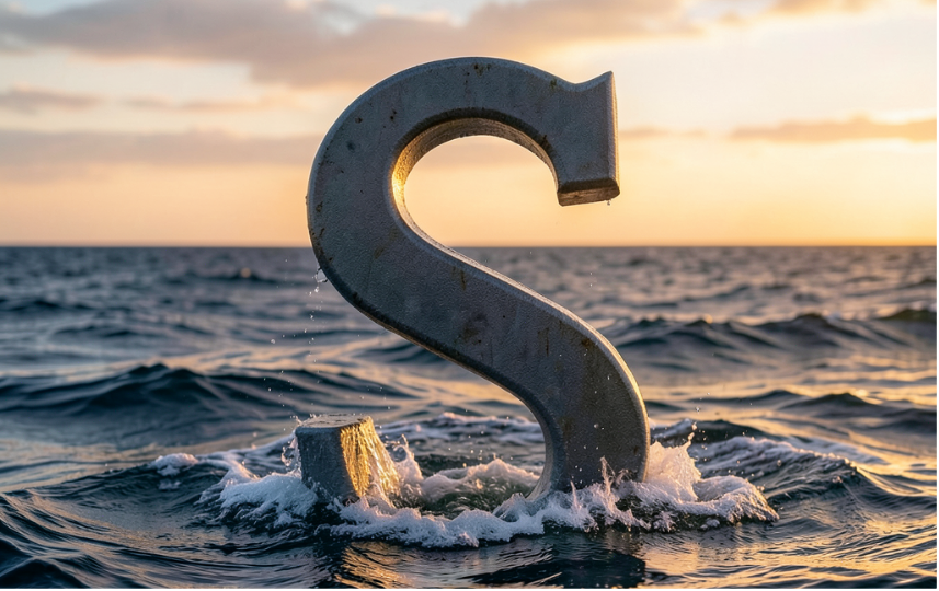 Letra S de metal en el mar al atardecer
