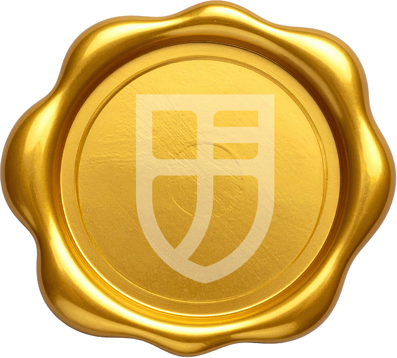 Sellos dorados con un escudo en el centro que tiene una línea curva, un cuadrado y formas abstractas.