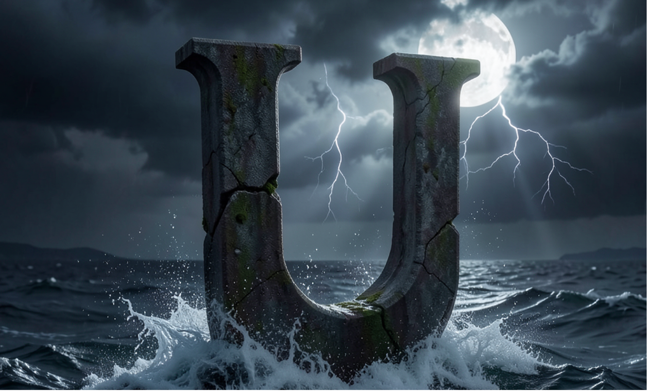 Un ancla gigante en el mar bajo una noche tormentosa con relámpagos y una luna llena.