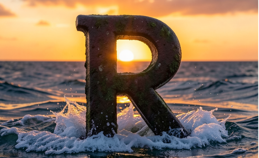 Letra R de piedra en el mar durante atardecer