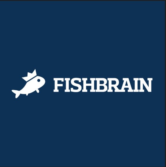 Logo with a fish wearing a crown and the text ‘FISHBRAIN’ in white on a dark blue background.