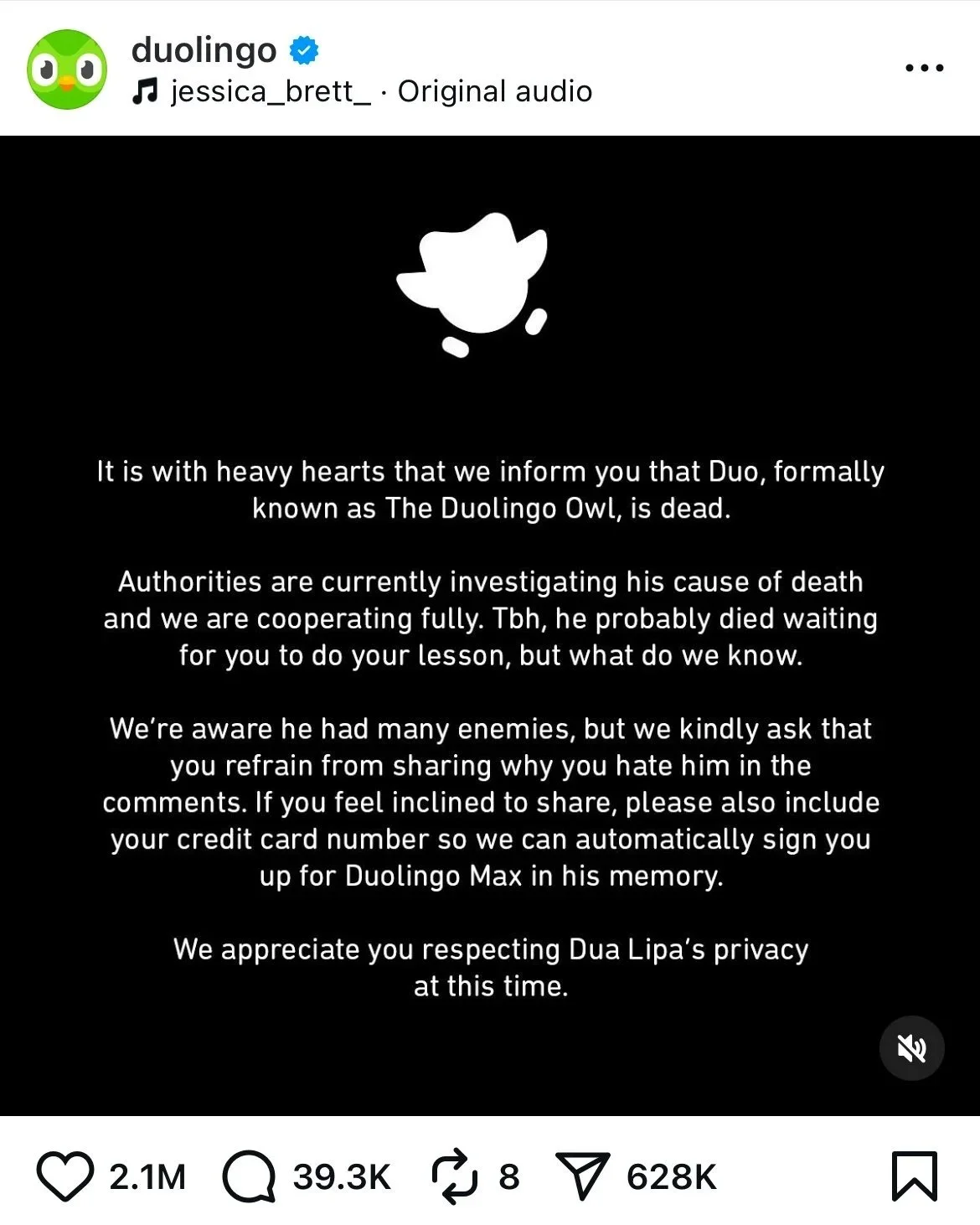 Duolingo's Instagram post for announcement of "duo's death"
