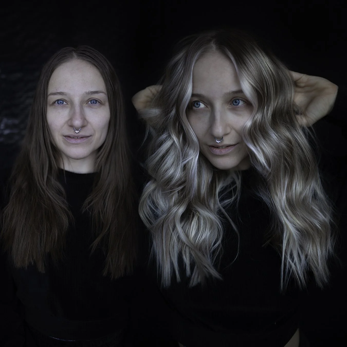 Two women with pierced noses and blue eyes pose against a dark background, one with straight brown hair and the other with wavy blonde hair and a hand behind her head.