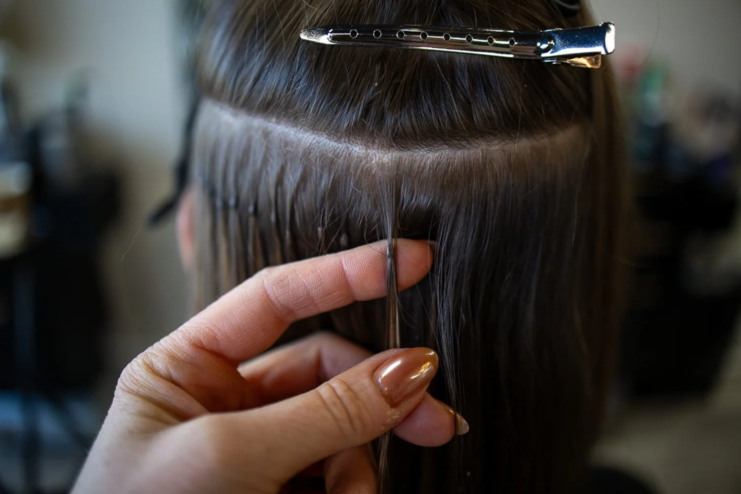 A person is getting a hair extension inserted into their brown hair at a salon, with a metal clip in their hair and a hand attaching a strand of hair.