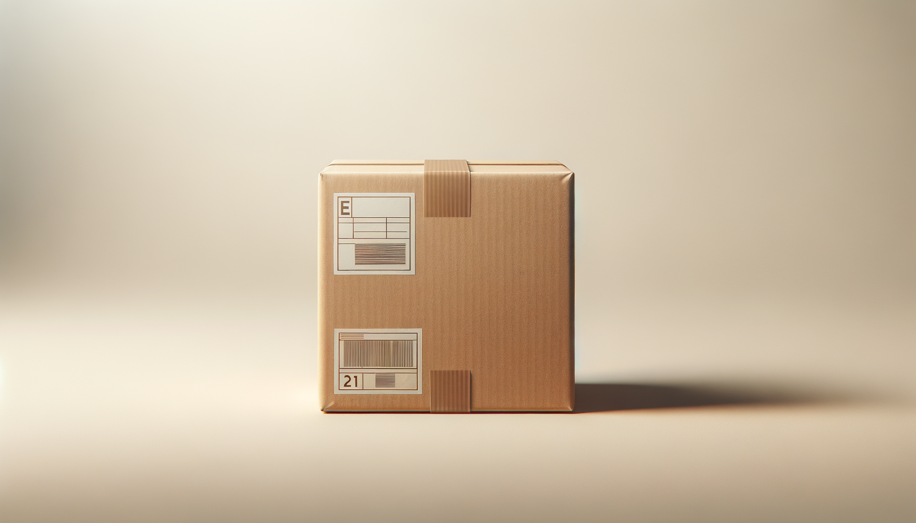 A cardboard box with shipping labels on the side, placed on a neutral background with a shadow to the right.