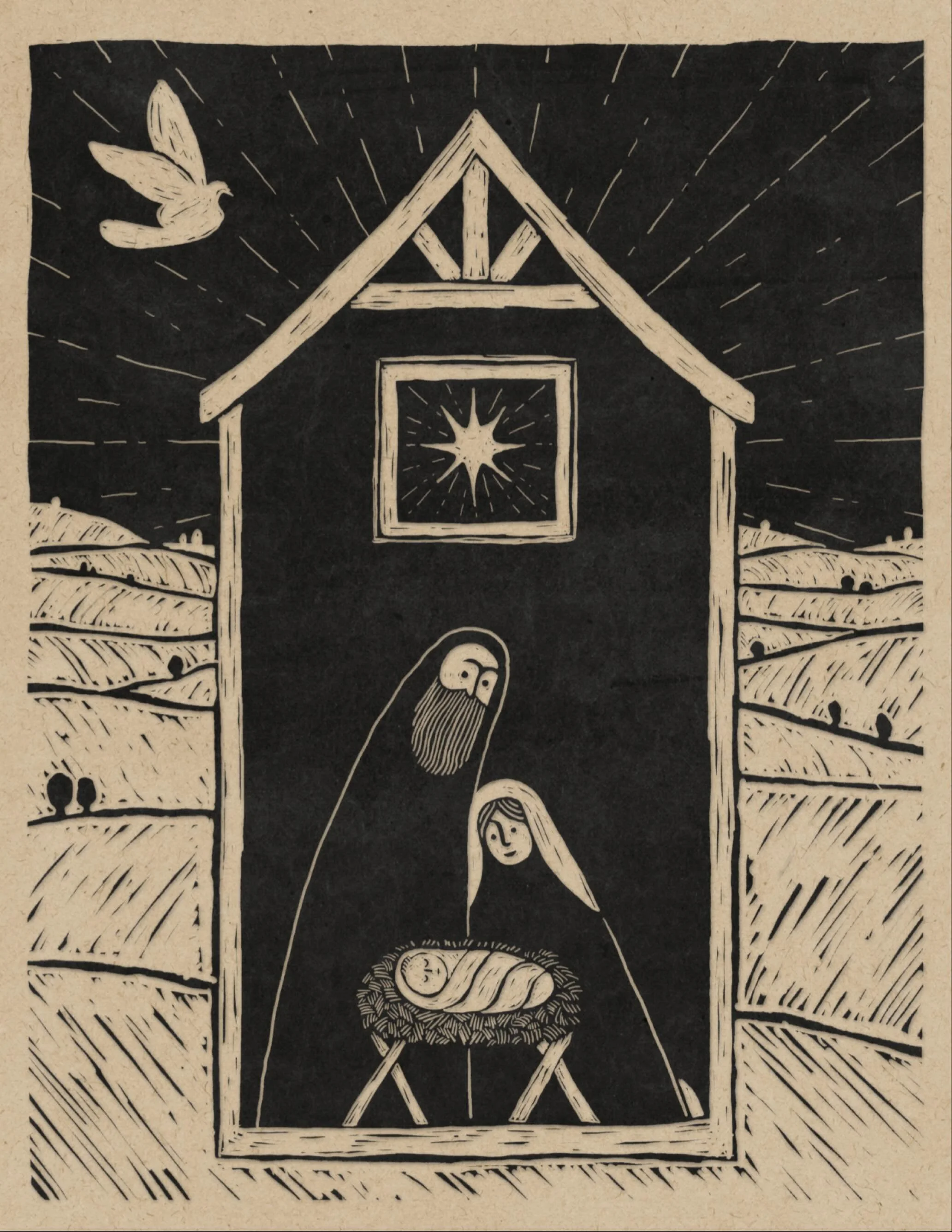 A little nativity for this Christmas Day. While I still don&rsquo;t have all my art supplies at my disposal since I&rsquo;m at my parents&rsquo;, I figured I could at least imitate the style of a linocut. Maybe one day I&rsquo;ll get around to actual