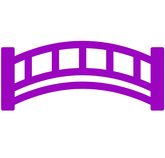 Purple stylized bridge with arches and supporting side pillars.