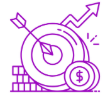 Purple arrow in a bullseye with upward trending arrows and dollar symbols, representing time and financial growth.