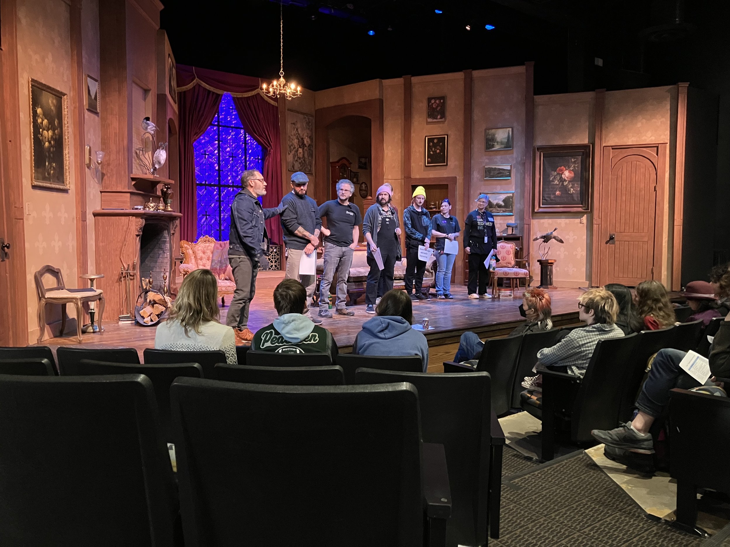 Lincoln Center theater production staff presenting technical theater careers to Poudre School District high school students during Tech Career Day
