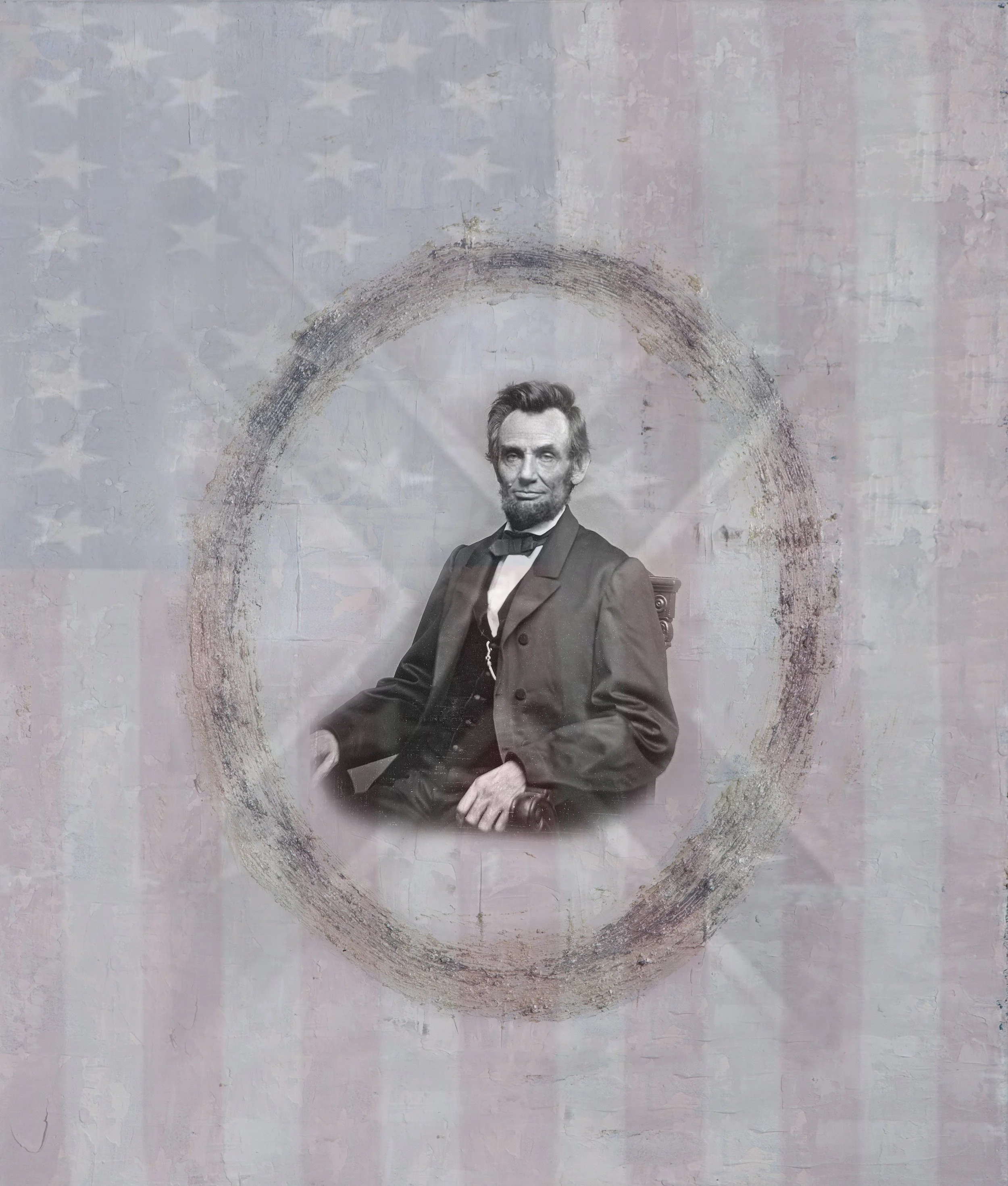 A black and white photograph of Abraham Lincoln, seated, with a vintage American flag in the background, and a painted circular border around the image.