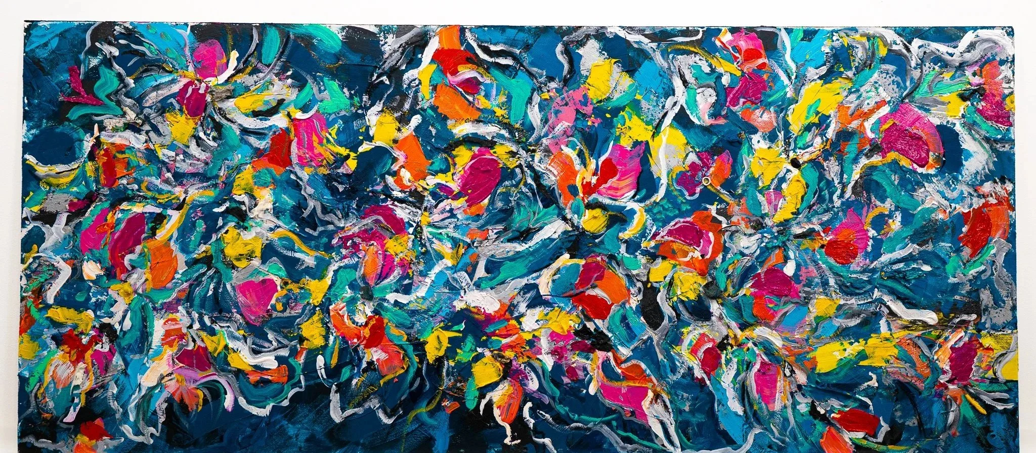 Brad’s Garden, 2020. Acrylic, mixed media, oil, and paint skins on board. 68 × 30 in 