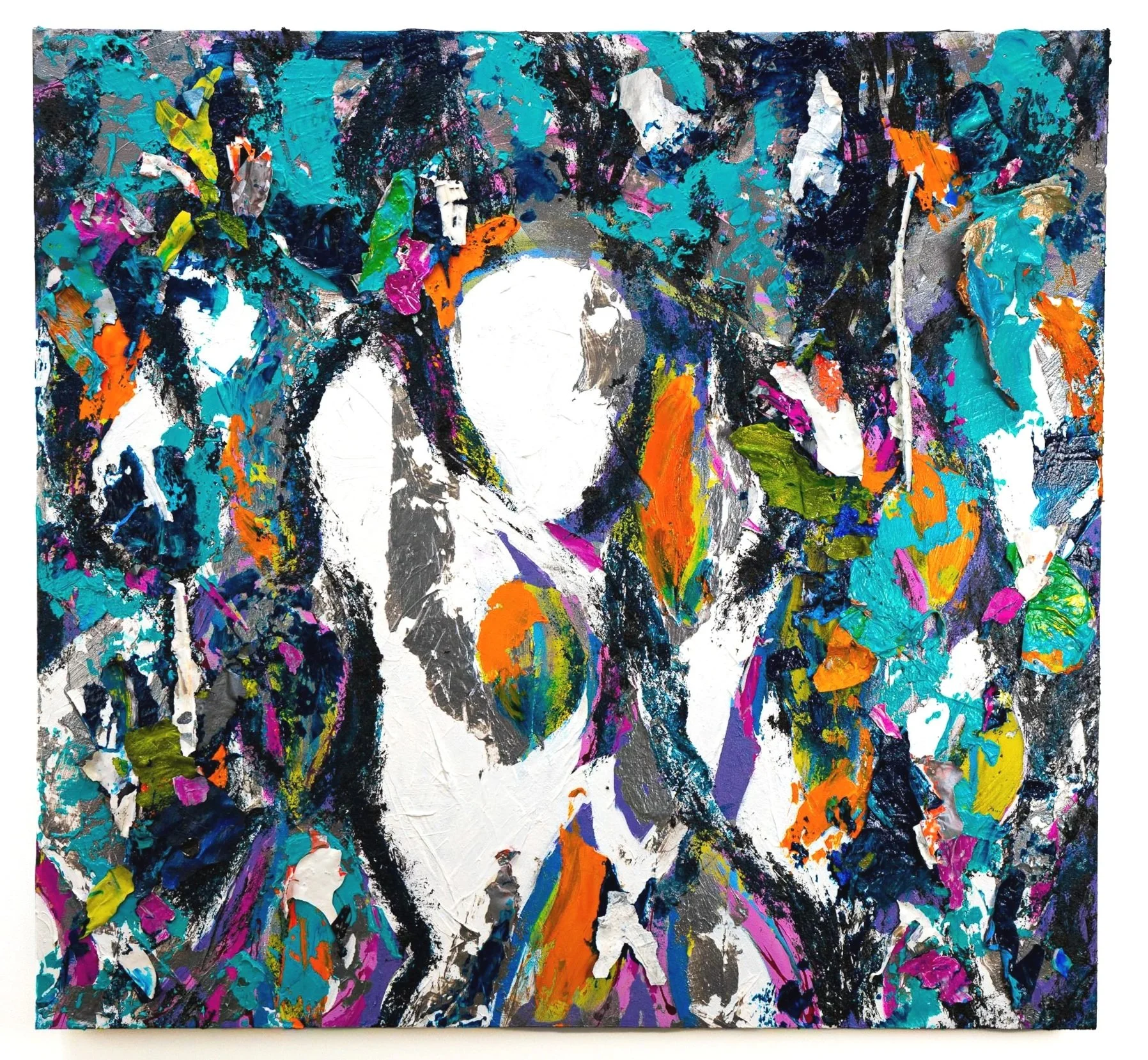 Esther, 2023–2024. Acrylic, paint skins, and oil on board. 48 × 24 in 